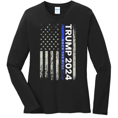 Trump 2024 Back The Blue Thin Blue Line Police American Flag Ladies Long Sleeve Shirt