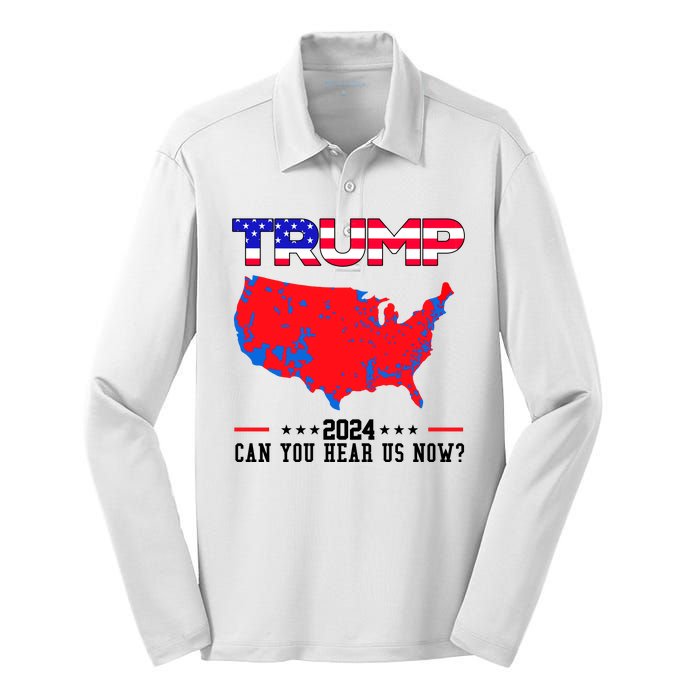 Trump 2024 Can You Hear Us Now Pro Donald Trump Election Usa Map Silk Touch Performance Long Sleeve Polo