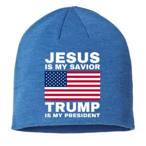 Trump 2020 Cute Gift Jesus Is My Savior Trump Is My President Gift Sustainable Beanie