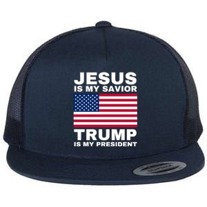 Trump 2020 Cute Gift Jesus Is My Savior Trump Is My President Gift Flat Bill Trucker Hat