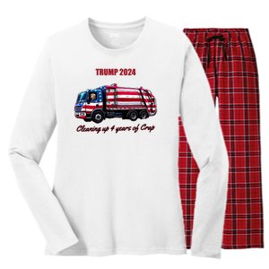 Trump 2024 Cleaning Up 4 Years Of Crap Garbage Truck Women's Long Sleeve Flannel Pajama Set 