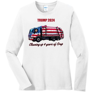 Trump 2024 Cleaning Up 4 Years Of Crap Garbage Truck Ladies Long Sleeve Shirt