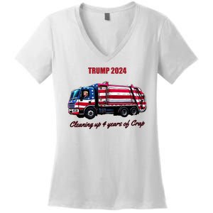 Trump 2024 Cleaning Up 4 Years Of Crap Garbage Truck Women's V-Neck T-Shirt