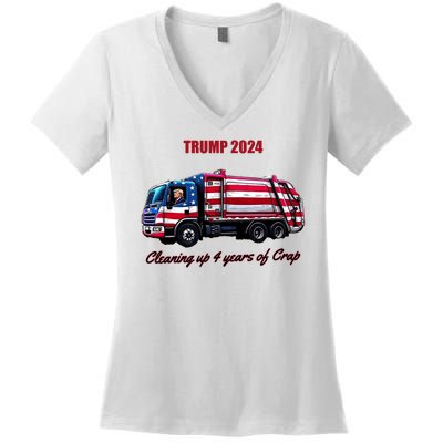 Trump 2024 Cleaning Up 4 Years Of Crap Garbage Truck Women's V-Neck T-Shirt