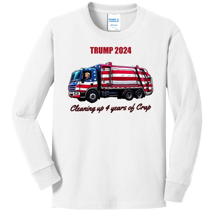 Trump 2024 Cleaning Up 4 Years Of Crap Garbage Truck Kids Long Sleeve Shirt