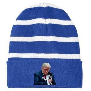 Trump 2024 Cat Maga Funny Trump Cat Striped Beanie with Solid Band