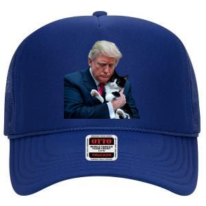 Trump 2024 Cat Maga Funny Trump Cat High Crown Mesh Back Trucker Hat