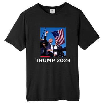 Trump 2024 Campaign Rally – Fist Pumping With American Flag Tall Fusion ChromaSoft Performance T-Shirt