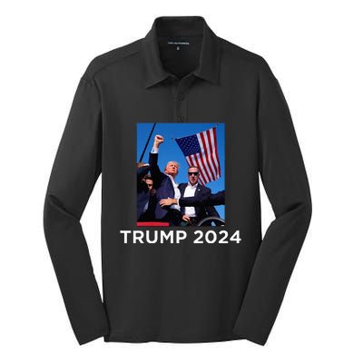 Trump 2024 Campaign Rally – Fist Pumping With American Flag Silk Touch Performance Long Sleeve Polo