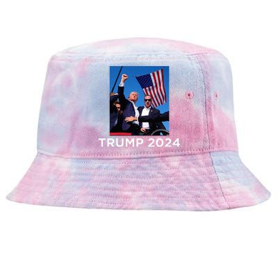 Trump 2024 Campaign Rally – Fist Pumping With American Flag Tie-Dyed Bucket Hat