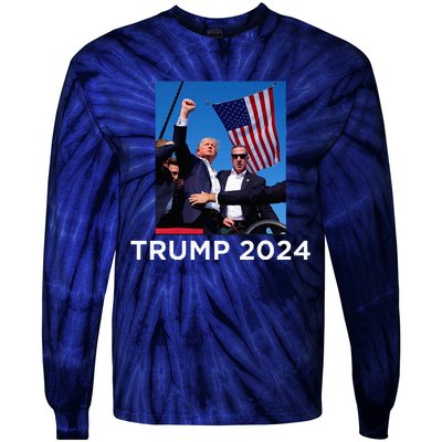 Trump 2024 Campaign Rally – Fist Pumping With American Flag Tie-Dye Long Sleeve Shirt