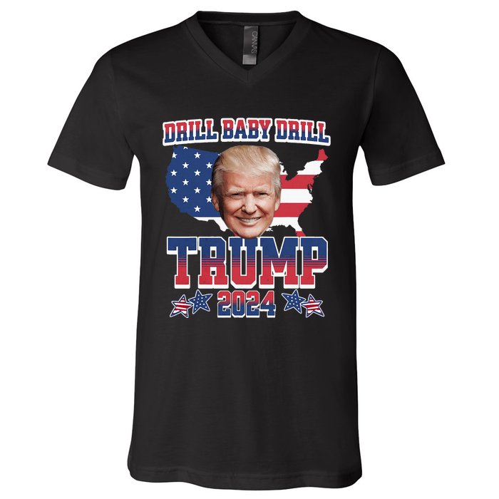 Trump 2024 Drill Baby Drill Us Flag Republican 4th Of July V-Neck T-Shirt