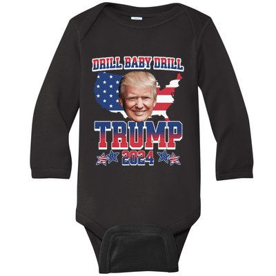 Trump 2024 Drill Baby Drill Us Flag Republican 4th Of July Baby Long Sleeve Bodysuit