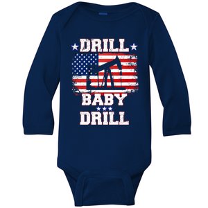 Trump 2024 Drill Drill Us Flag Republican 4th Of July Gift Baby Long Sleeve Bodysuit