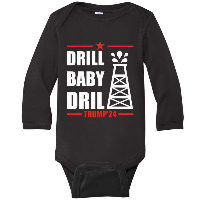 Trump 2024 Drill Baby Drill Gas Oil Rig Illustration Baby Long Sleeve Bodysuit