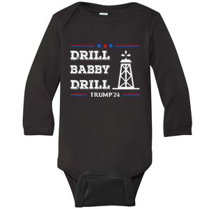 Trump 2024 Drill Baby Drill Gas Oil Rig Illustration Baby Long Sleeve Bodysuit