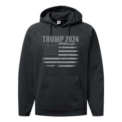 Trump 2024 Distressed American Flag Patriotic Military Performance Fleece Hoodie