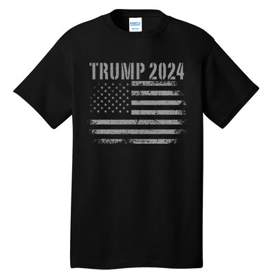 Trump 2024 Distressed American Flag Patriotic Military Tall T-Shirt