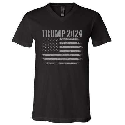 Trump 2024 Distressed American Flag Patriotic Military V-Neck T-Shirt