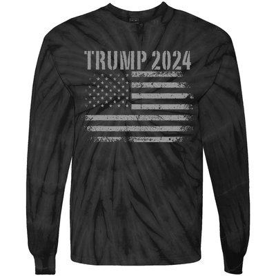 Trump 2024 Distressed American Flag Patriotic Military Tie-Dye Long Sleeve Shirt