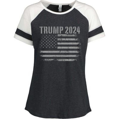 Trump 2024 Distressed American Flag Patriotic Military Enza Ladies Jersey Colorblock Tee