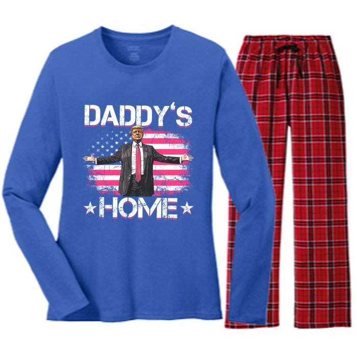 Trump 2024 Daddys Home Funny Trump Gift Women's Long Sleeve Flannel Pajama Set 