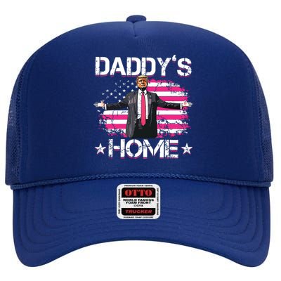 Trump 2024 Daddys Home Funny Trump Pink High Crown Mesh Back Trucker Hat