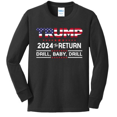 Trump 2024 Drill Baby Drill Us Flag Republican Kids Long Sleeve Shirt