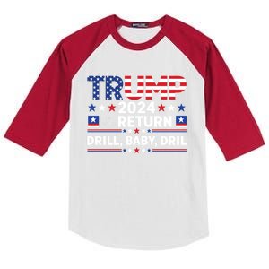 Trump 2024 Drill Drill Us Flag Republican 4th Of July Gift Kids Colorblock Raglan Jersey