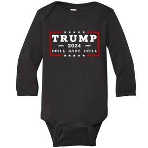 Trump 2024 Drill Baby Drill Us Flag Republican 4th Of July Baby Long Sleeve Bodysuit