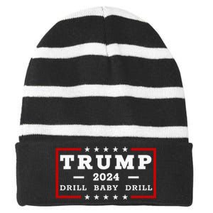 Trump 2024 Drill Baby Drill Us Flag Republican 4th Of July Striped Beanie with Solid Band