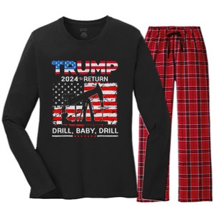 Trump 2024 Drill Baby Drill Us Flag Republican Women's Long Sleeve Flannel Pajama Set 