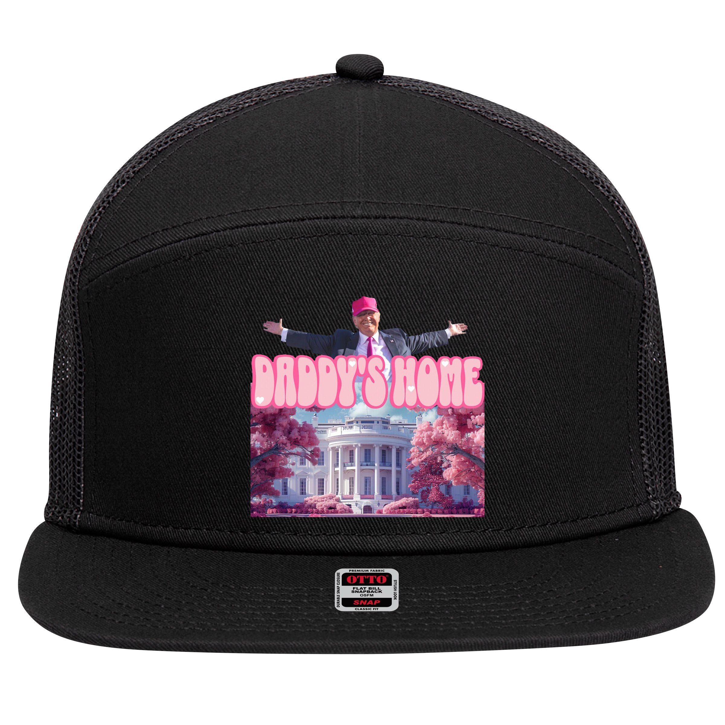 Trump 2024 Daddys Home Pink Classic 7 Panel Mesh Trucker Snapback Hat