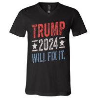 Trump 2024 Election Will Fix It Distressed Vintage Flag V-Neck T-Shirt