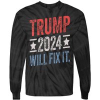 Trump 2024 Election Will Fix It Distressed Vintage Flag Tie-Dye Long Sleeve Shirt