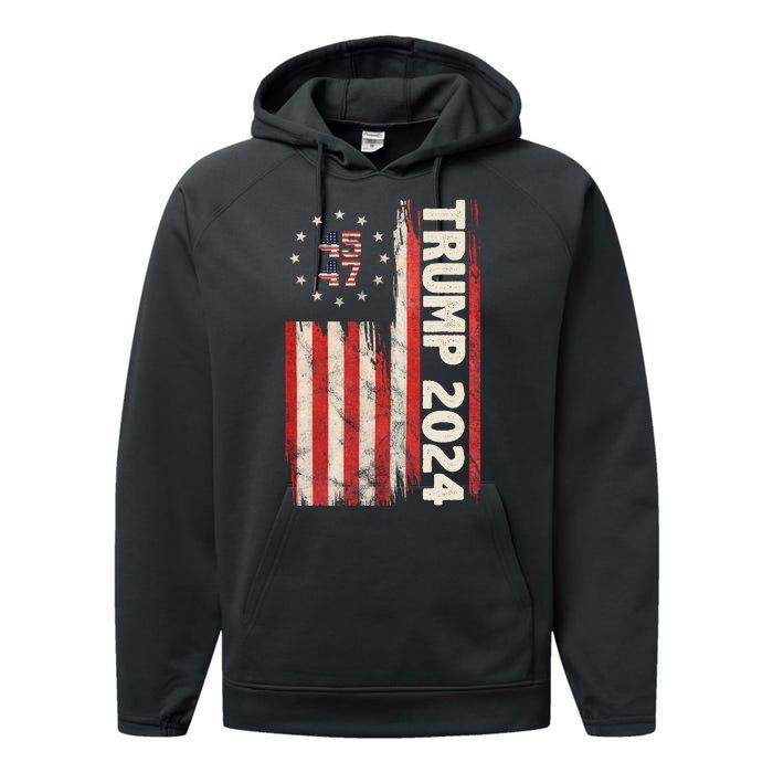 Trump 2024 Election 45 47 Vintage American Flag Performance Fleece Hoodie