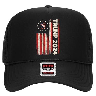 Trump 2024 Election 45 47 Vintage American Flag High Crown Mesh Back Trucker Hat