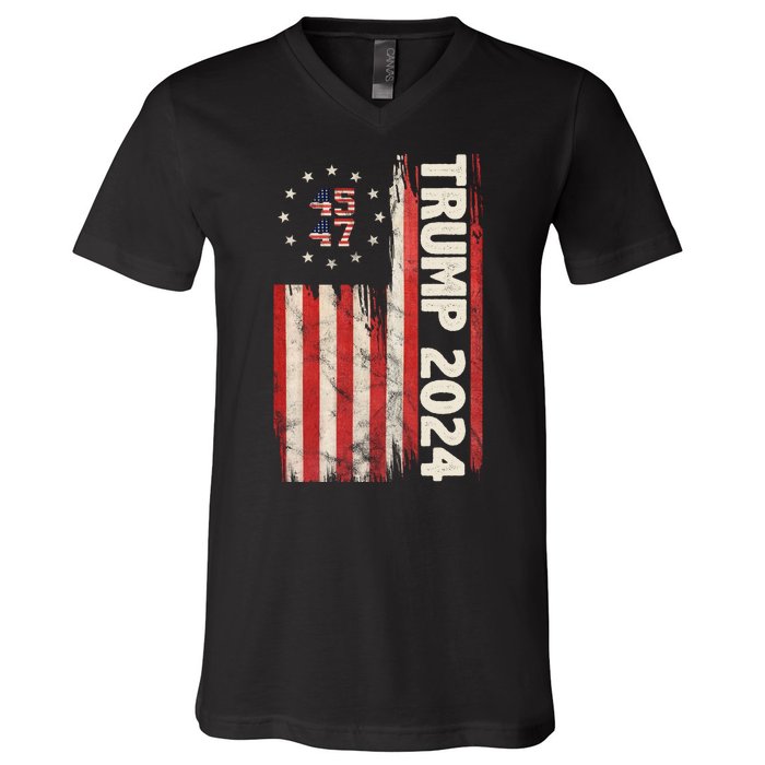 Trump 2024 Election 45 47 Vintage American Flag V-Neck T-Shirt