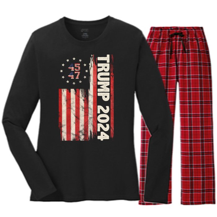 Trump 2024 Election 45 47 Vintage American Flag Women's Long Sleeve Flannel Pajama Set 