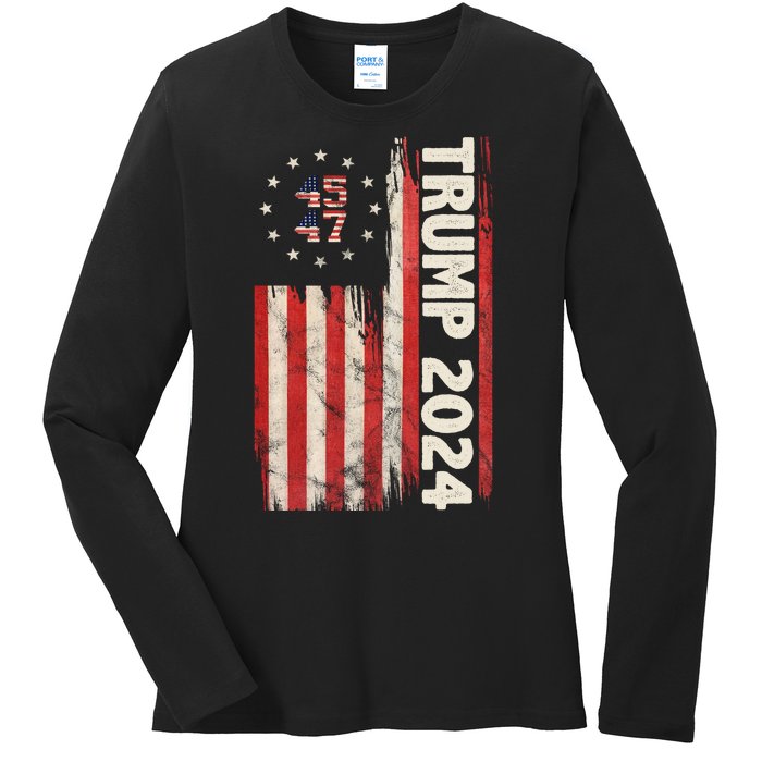 Trump 2024 Election 45 47 Vintage American Flag Ladies Long Sleeve Shirt