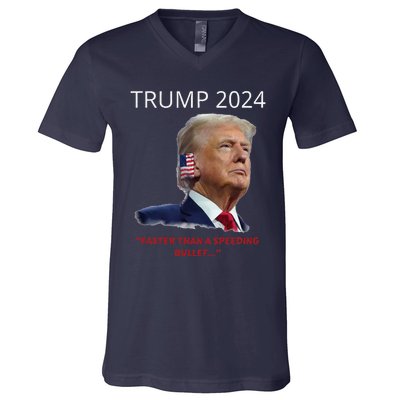 Trump 2024 Faster Than A Speeding Bullet Patriotic Graphic V-Neck T-Shirt