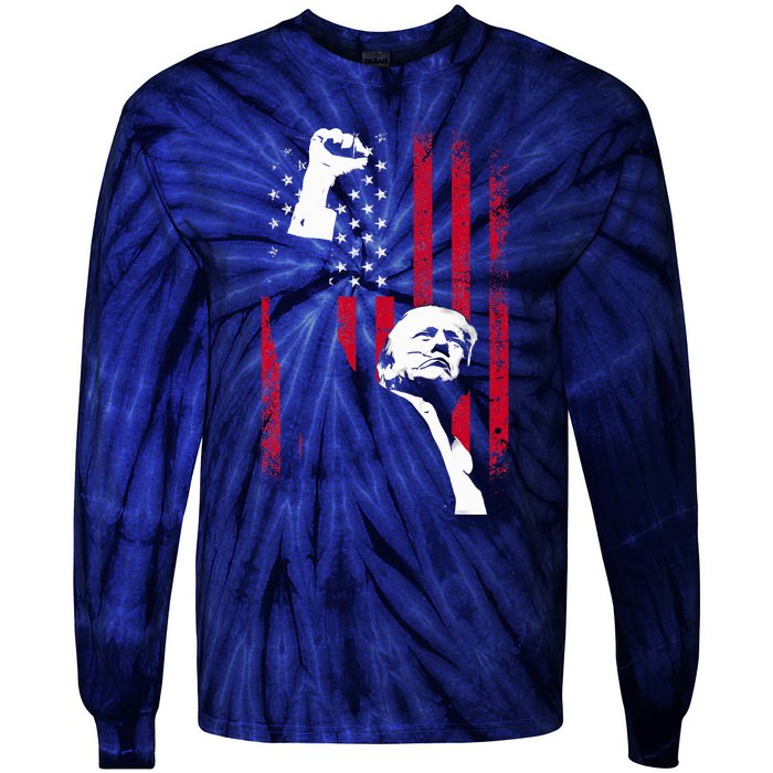 Trump 2024 Fist Fight For America Usa Flag Tie-Dye Long Sleeve Shirt