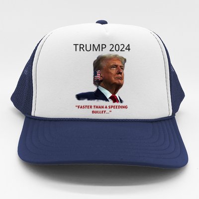 Trump 2024 Faster Than A Speeding Bullet Patriotic Graphic Trucker Hat