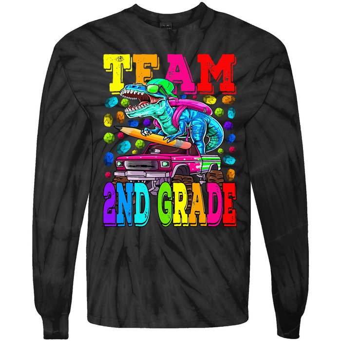 Team 2nd Grade Monster Truck Dinosaur Back To School Tie-Dye Long Sleeve Shirt