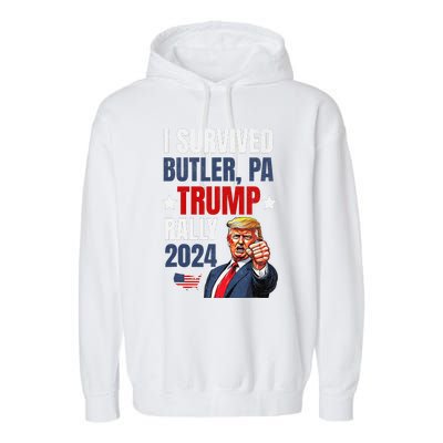 Trump 2024 I Survived Trump Rally Butler Pa Shooting Ear Garment-Dyed Fleece Hoodie