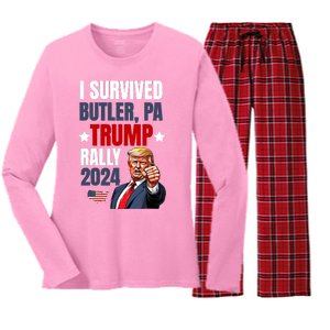 Trump 2024 I Survived Trump Rally Butler Pa Shooting Ear Women's Long Sleeve Flannel Pajama Set 