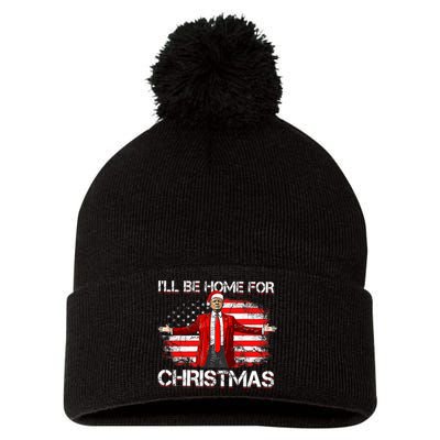 Trump 2024 ILl Be Home For Christmas Funny Trump Xmas 2024 Pom Pom 12in Knit Beanie