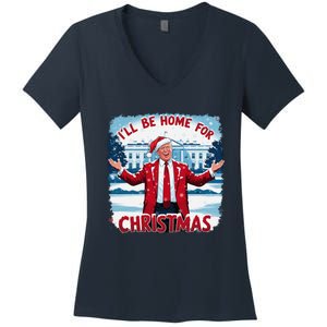 Trump 2024 ILl Be Home For Christmas Funny Trump Xmas 2024 Women's V-Neck T-Shirt