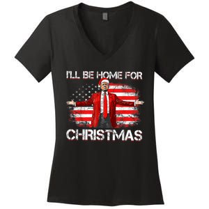 Trump 2024 Ill Be Home For Christmas Funny Trump Xmas 2024 Women's V-Neck T-Shirt