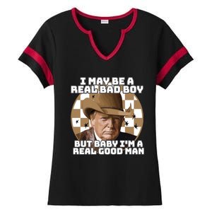 Trump 2024 I May Be A Real Bad Boy But Baby I’M A Real Good Man Ladies Halftime Notch Neck Tee